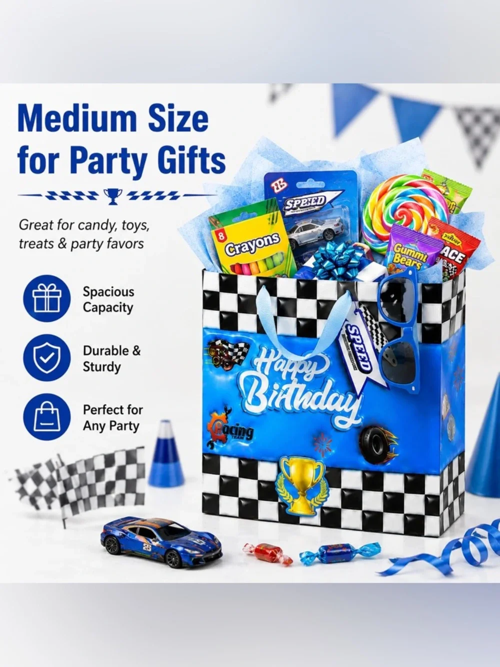 Happy Birthday Racing Gift Bag with Blue Tissue